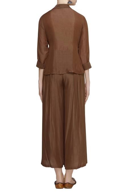 Shop_Sonam Luthria_Brown Shirt Stand And Fall Collar Embroidered Jacket Kurta Set  _at_Aza_Fashions