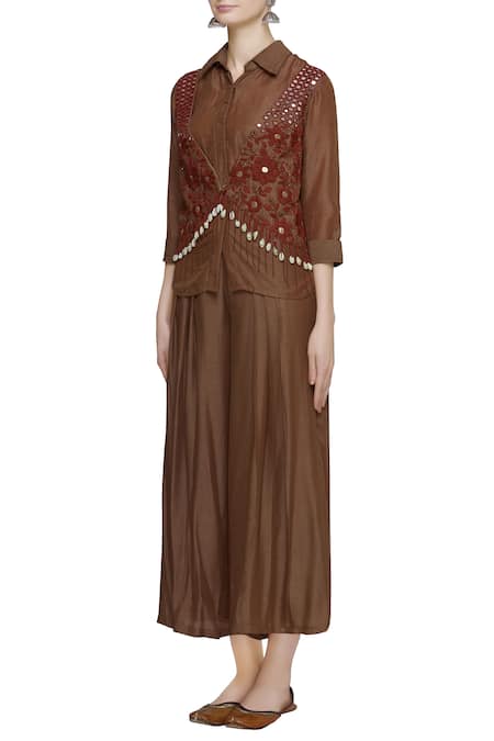Sonam Luthria_Brown Shirt Stand And Fall Collar Embroidered Jacket Kurta Set  _Online_at_Aza_Fashions