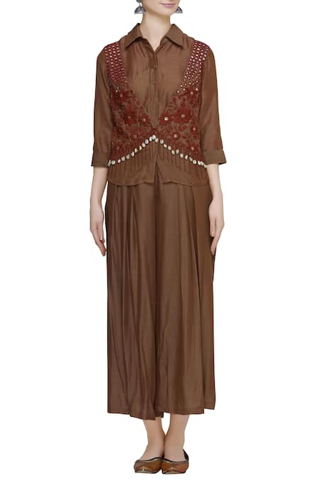 Buy_Sonam Luthria_Brown Shirt Stand And Fall Collar Embroidered Jacket Kurta Set  _Online_at_Aza_Fashions