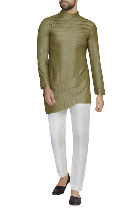Pranay Baidya Green Moga Silk Pleated And Asymmetric Short Kurta 
