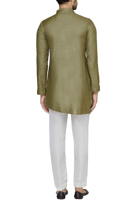 Shop Pranay Baidya Green Moga Silk Pleated And Asymmetric Short Kurta at Aza Fashions Shop_Pranay Baidya_Green Moga Silk Pleated And Asymmetric Short Kurta _at_Aza_Fashions