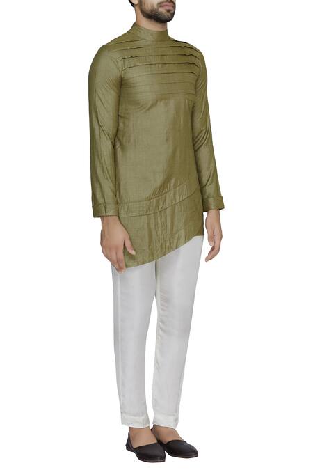 Pranay Baidya Green Moga Silk Pleated And Asymmetric Short Kurta Online at Aza Fashions Pranay Baidya_Green Moga Silk Pleated And Asymmetric Short Kurta _Online_at_Aza_Fashions
