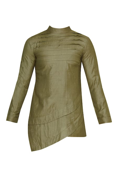 Buy Pranay Baidya Green Moga Silk Pleated And Asymmetric Short Kurta Online at Aza Fashions Buy_Pranay Baidya_Green Moga Silk Pleated And Asymmetric Short Kurta _Online_at_Aza_Fashions