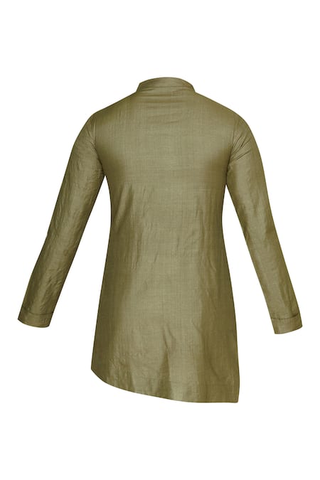 Shop Pranay Baidya Green Moga Silk Pleated And Asymmetric Short Kurta Online at Aza Fashions Shop_Pranay Baidya_Green Moga Silk Pleated And Asymmetric Short Kurta _Online_at_Aza_Fashions
