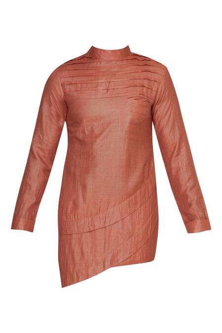 Buy_Pranay Baidya_Orange Moga Silk Pleated Asymmetric Short Kurta _Online_at_Aza_Fashions