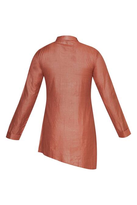 Shop_Pranay Baidya_Orange Moga Silk Pleated Asymmetric Short Kurta _Online_at_Aza_Fashions