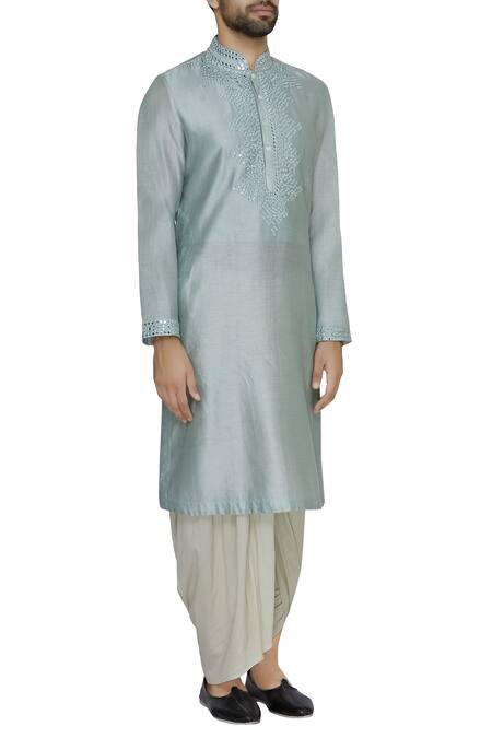 Pranay Baidya Green Chanderi Cotton Silk Thread And Mirror Embroidered Kurta Online at Aza Fashions Pranay Baidya_Green Chanderi Cotton Silk Thread And Mirror Embroidered Kurta _Online_at_Aza_Fashions