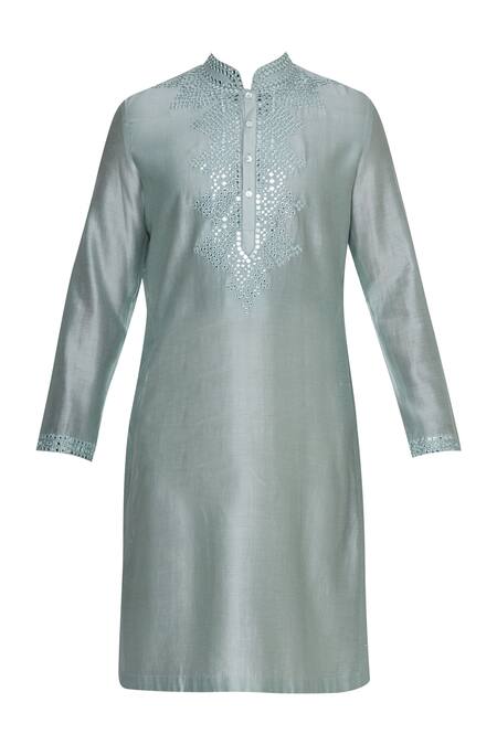 Buy Pranay Baidya Green Chanderi Cotton Silk Thread And Mirror Embroidered Kurta Online at Aza Fashions Buy_Pranay Baidya_Green Chanderi Cotton Silk Thread And Mirror Embroidered Kurta _Online_at_Aza_Fashions
