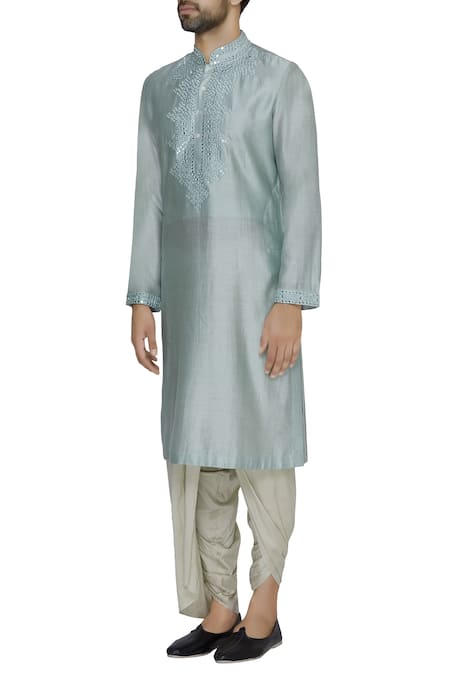 Shop Pranay Baidya Green Chanderi Cotton Silk Thread And Mirror Embroidered Kurta Online at Aza Fashions Shop_Pranay Baidya_Green Chanderi Cotton Silk Thread And Mirror Embroidered Kurta _Online_at_Aza_Fashions