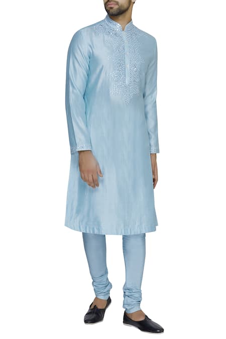 Pranay Baidya Blue Chanderi Cotton Silk Thread And Mirror Embroidered Kurta