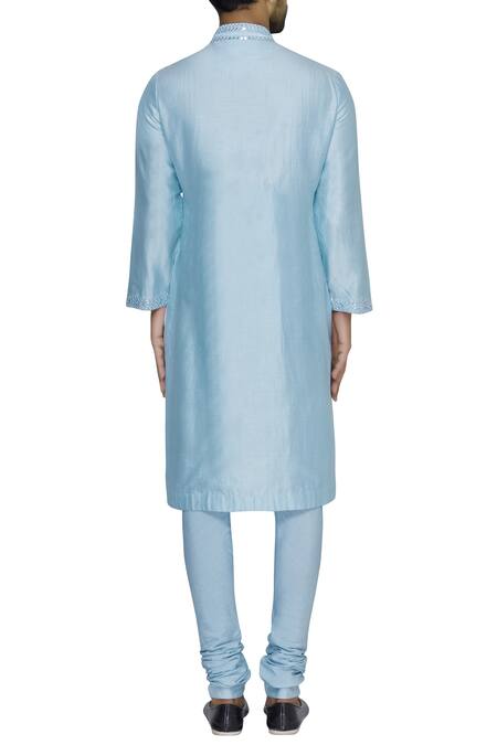 Shop Pranay Baidya Blue Chanderi Cotton Silk Thread And Mirror Embroidered Kurta at Aza Fashions Shop_Pranay Baidya_Blue Chanderi Cotton Silk Thread And Mirror Embroidered Kurta _at_Aza_Fashions