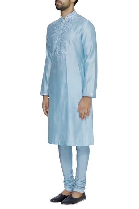 Pranay Baidya Blue Chanderi Cotton Silk Thread And Mirror Embroidered Kurta Online at Aza Fashions Pranay Baidya_Blue Chanderi Cotton Silk Thread And Mirror Embroidered Kurta _Online_at_Aza_Fashions