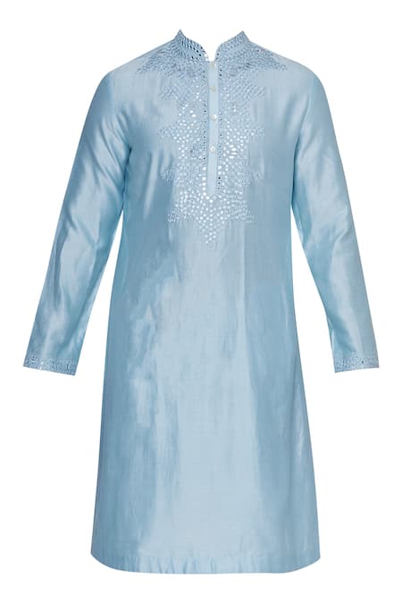 Buy Pranay Baidya Blue Chanderi Cotton Silk Thread And Mirror Embroidered Kurta Online at Aza Fashions Buy_Pranay Baidya_Blue Chanderi Cotton Silk Thread And Mirror Embroidered Kurta _Online_at_Aza_Fashions
