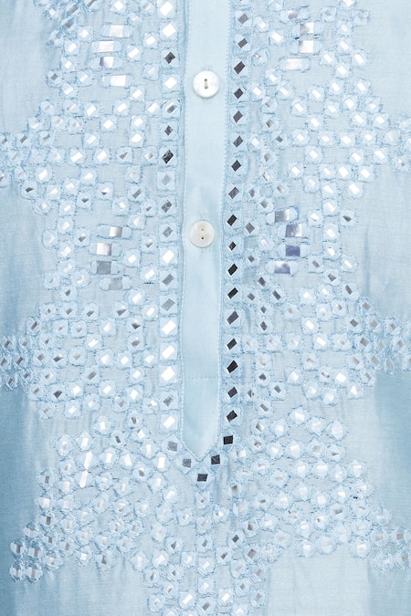 Pranay Baidya Blue Chanderi Cotton Silk Thread And Mirror Embroidered Kurta at Aza Fashions Pranay Baidya_Blue Chanderi Cotton Silk Thread And Mirror Embroidered Kurta _at_Aza_Fashions