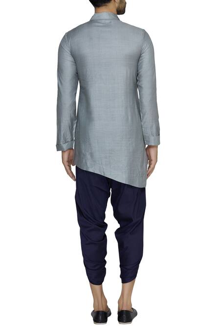 Shop_Pranay Baidya_Grey Moga Silk Plain Asymmetric Pleated Short Kurta  _at_Aza_Fashions
