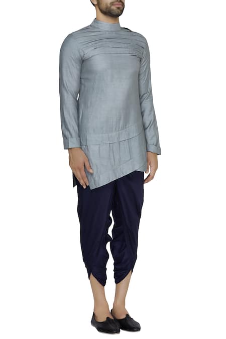 Pranay Baidya_Grey Moga Silk Plain Asymmetric Pleated Short Kurta  _Online_at_Aza_Fashions