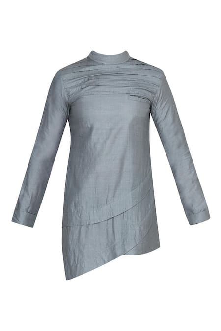 Buy_Pranay Baidya_Grey Moga Silk Plain Asymmetric Pleated Short Kurta  _Online_at_Aza_Fashions