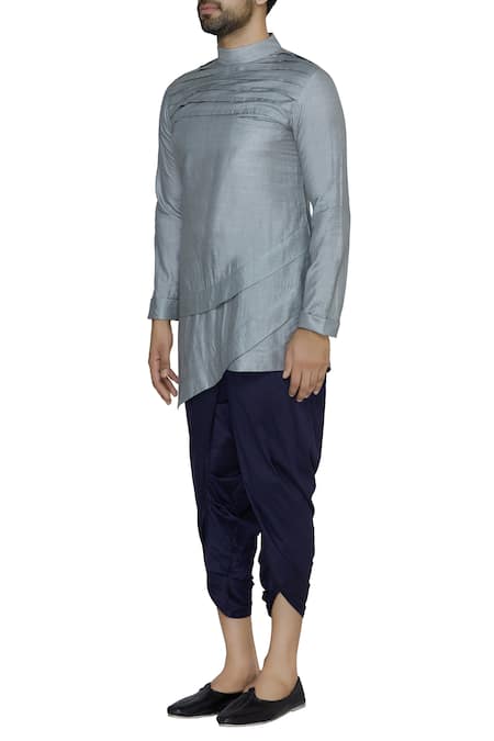 Shop_Pranay Baidya_Grey Moga Silk Plain Asymmetric Pleated Short Kurta  _Online_at_Aza_Fashions