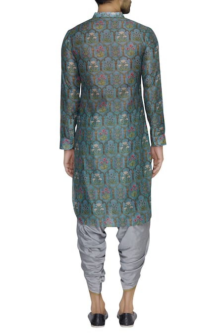 Shop Pranay Baidya Green Chanderi Cotton Silk Mughal Floral Pattern Print Kurta at Aza Fashions Shop_Pranay Baidya_Green Chanderi Cotton Silk Mughal Floral Pattern Print Kurta _at_Aza_Fashions