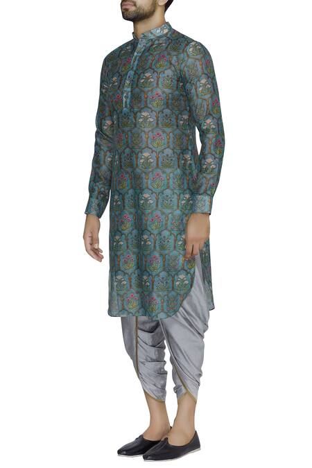 Pranay Baidya Green Chanderi Cotton Silk Mughal Floral Pattern Print Kurta Online at Aza Fashions Pranay Baidya_Green Chanderi Cotton Silk Mughal Floral Pattern Print Kurta _Online_at_Aza_Fashions