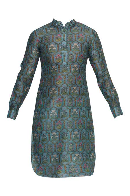 Buy Pranay Baidya Green Chanderi Cotton Silk Mughal Floral Pattern Print Kurta Online at Aza Fashions Buy_Pranay Baidya_Green Chanderi Cotton Silk Mughal Floral Pattern Print Kurta _Online_at_Aza_Fashions