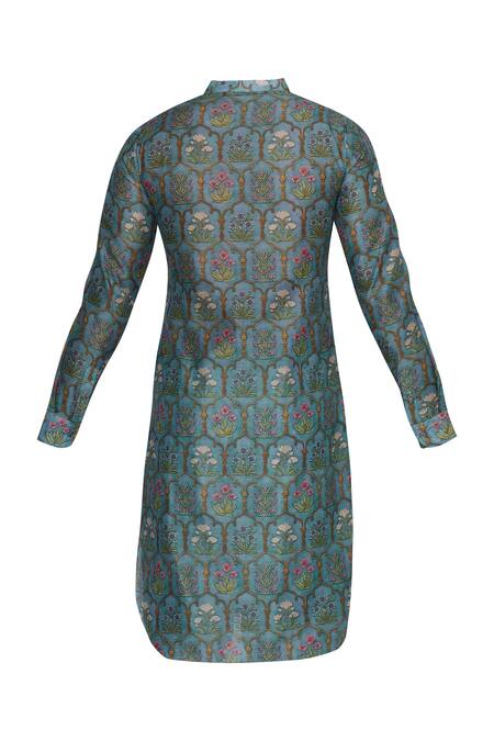 Shop Pranay Baidya Green Chanderi Cotton Silk Mughal Floral Pattern Print Kurta Online at Aza Fashions Shop_Pranay Baidya_Green Chanderi Cotton Silk Mughal Floral Pattern Print Kurta _Online_at_Aza_Fashions