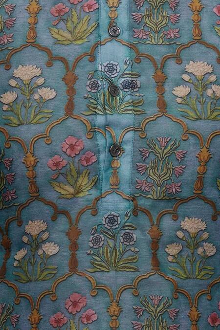 Pranay Baidya Green Chanderi Cotton Silk Mughal Floral Pattern Print Kurta at Aza Fashions Pranay Baidya_Green Chanderi Cotton Silk Mughal Floral Pattern Print Kurta _at_Aza_Fashions