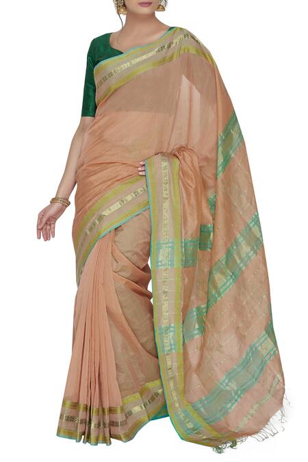 Samyukta Singhania Peach Maheshwari Handloom Saree With Unstitched Blouse