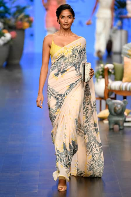 Varun Bahl White V Neck Printed Saree With Blouse