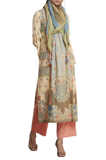 Shop_Ritu Kumar_Beige Printed Kurta With Pants And Scarf_Online_at_Aza_Fashions