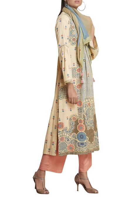Ritu Kumar_Beige Printed Kurta With Pants And Scarf_Online_at_Aza_Fashions