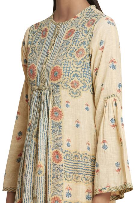 Ritu Kumar_Beige Printed Kurta With Pants And Scarf_at_Aza_Fashions
