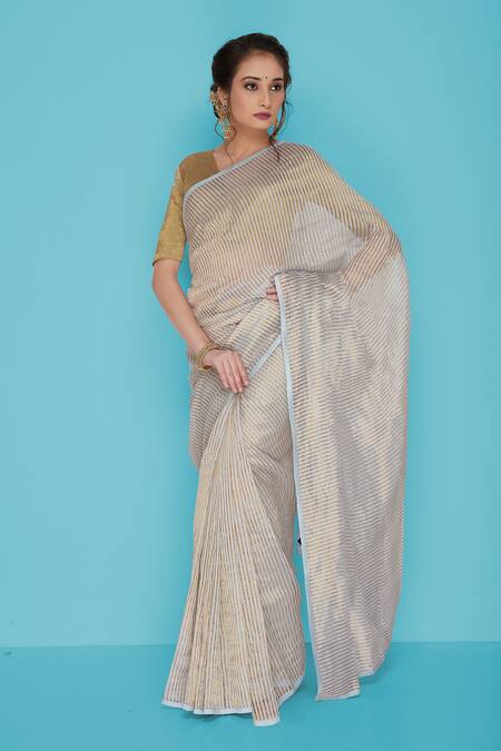 Buy_Pranay Baidya_Grey Chanderi Saree_Online_at_Aza_Fashions