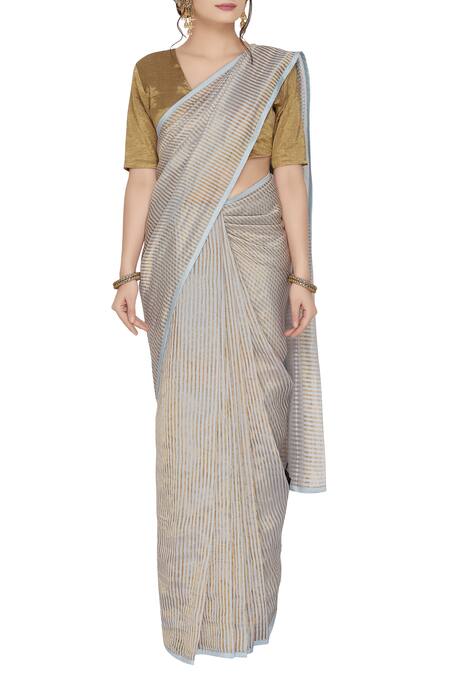 Shop_Pranay Baidya_Grey Chanderi Saree_Online_at_Aza_Fashions