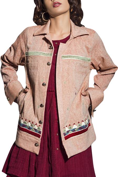 The Loom Art_Brown Thread Embroidery Shirt Collar Handloom Bomber Jacket _Online_at_Aza_Fashions