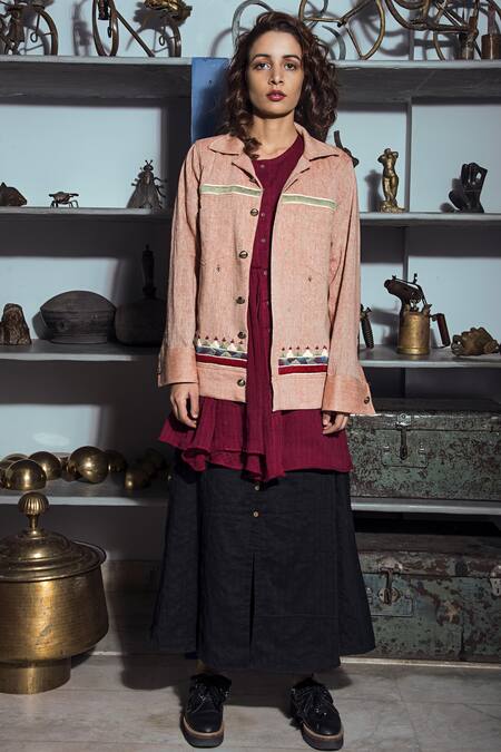 Buy_The Loom Art_Brown Thread Embroidery Shirt Collar Handloom Bomber Jacket _Online_at_Aza_Fashions