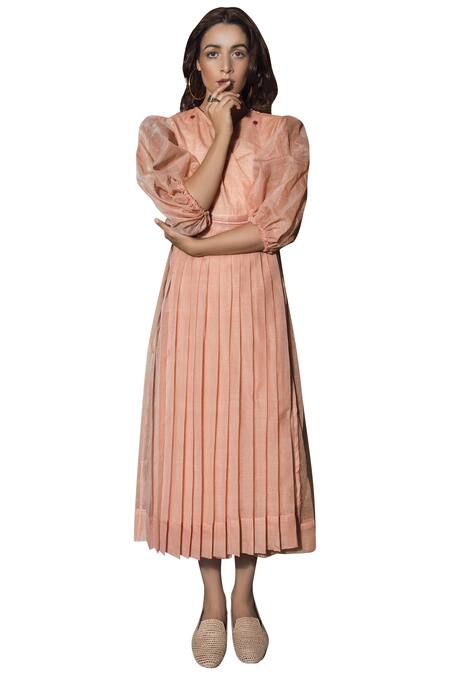 Buy_The Loom Art_Peach Kota Doriya Silk Thread Embroidery V Neck Pleated Midi Dress _Online_at_Aza_Fashions