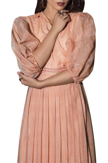 Shop_The Loom Art_Peach Kota Doriya Silk Thread Embroidery V Neck Pleated Midi Dress _Online_at_Aza_Fashions