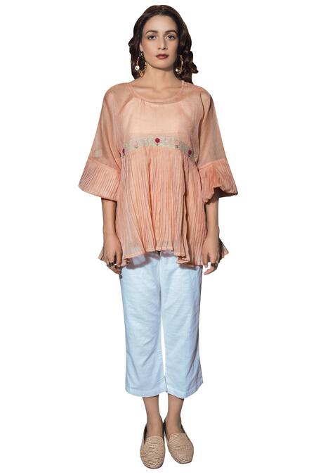 The Loom Art_Peach Kota Doriya Round Embroidered Pleated Top _Online_at_Aza_Fashions