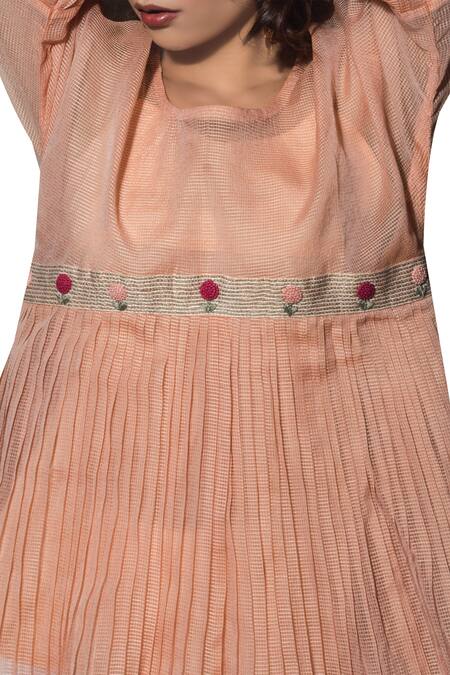 Buy_The Loom Art_Peach Kota Doriya Round Embroidered Pleated Top _Online_at_Aza_Fashions