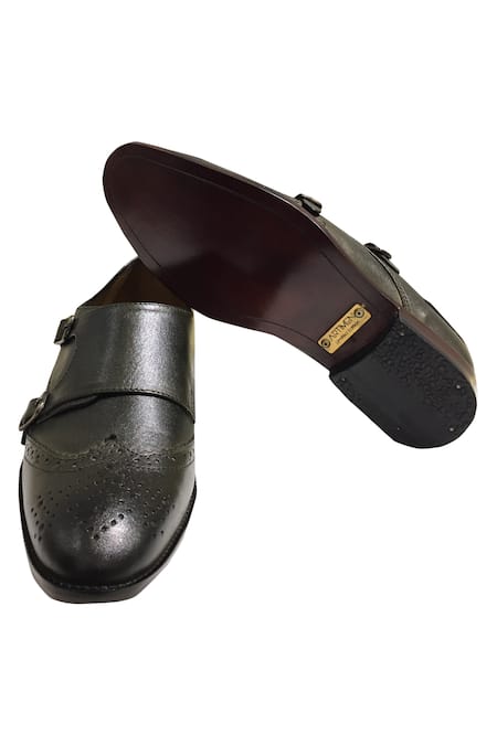 Buy_Artimen_Green Hand Painted Textured Double Monk Shoes_Online_at_Aza_Fashions