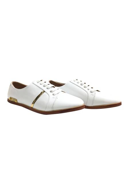 Artimen_White Plain Handcrafted Lace Up Sneakers _Online_at_Aza_Fashions