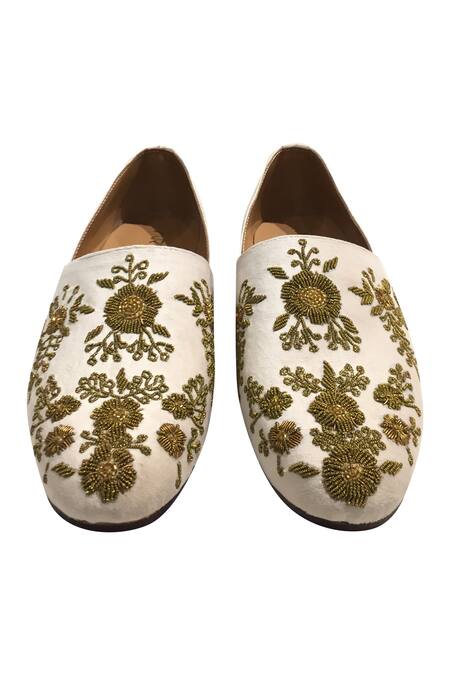 Shop_Artimen_Cream Zardozi Floral Embroidered Loafers _at_Aza_Fashions