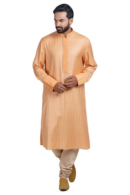 Buy_Poonam Kasera_Beige Moga Silk Self Textured Striped Embroidered Kurta Set_Online_at_Aza_Fashions