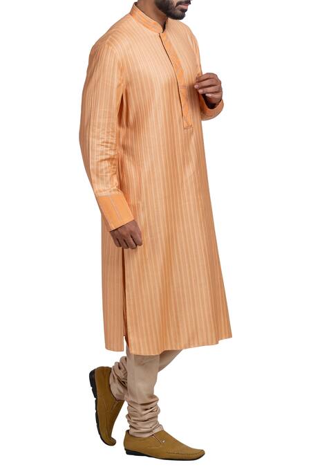 Shop_Poonam Kasera_Beige Moga Silk Self Textured Striped Embroidered Kurta Set_Online_at_Aza_Fashions