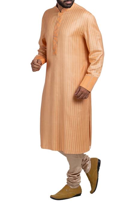 Poonam Kasera_Beige Moga Silk Self Textured Striped Embroidered Kurta Set_Online_at_Aza_Fashions