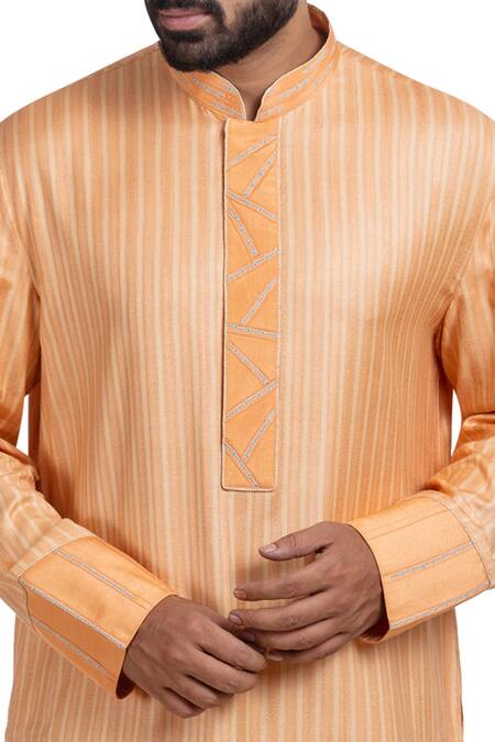 Poonam Kasera_Beige Moga Silk Self Textured Striped Embroidered Kurta Set_at_Aza_Fashions