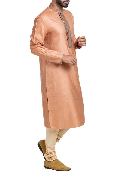 Shop_Poonam Kasera_Peach Moga Silk Textured Embroidered Placket Kurta Set_Online_at_Aza_Fashions
