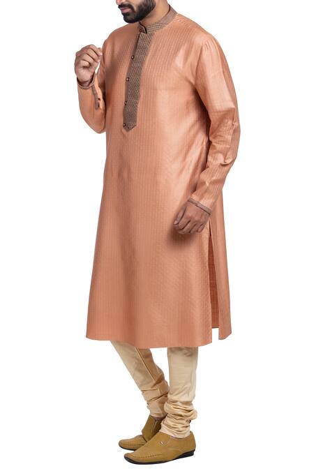 Poonam Kasera_Peach Moga Silk Textured Embroidered Placket Kurta Set_Online_at_Aza_Fashions