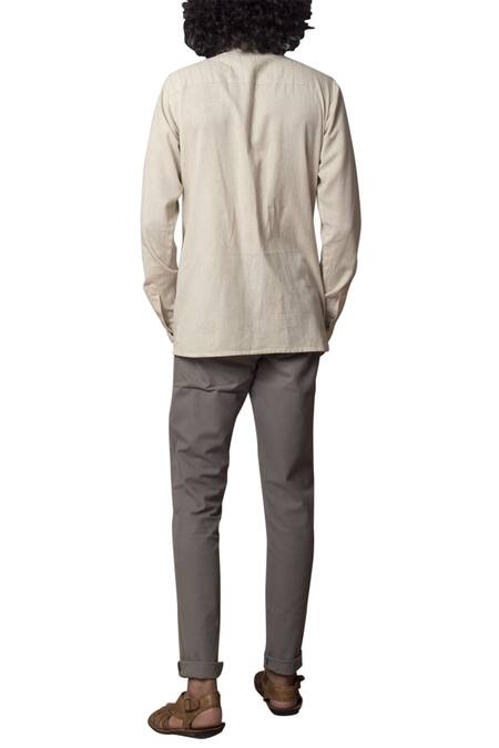 Shop_The Loom Art_Beige Handwoven Cotton Embroidered Running Stitches Double Placket Shirt  _at_Aza_Fashions